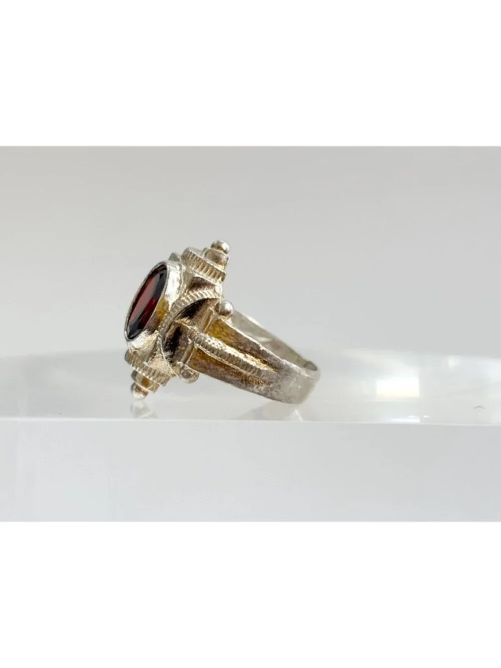 Art Deco Garnet Gemstone Geometric Sterling Silver 925 Vintage Ring - sz 8.75